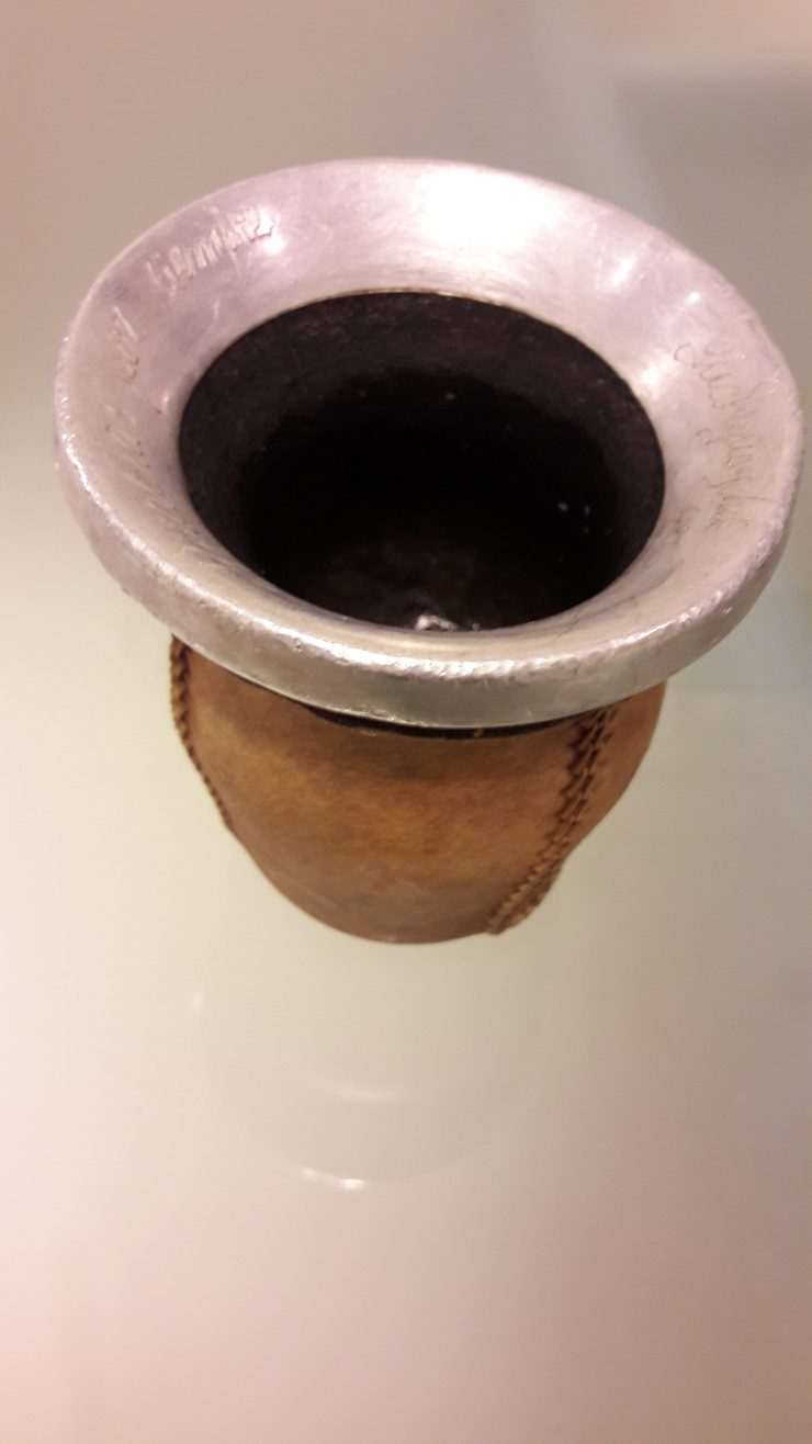 Mate made of calabash gourd, leather and nickel silver