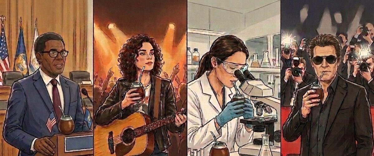 Illustrated collage of four people from different fields drinking mate: politics, music, science, and entertainment
