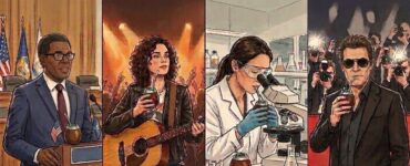 Illustrated collage of four people from different fields drinking mate: politics, music, science, and entertainment