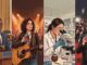Illustrated collage of four people from different fields drinking mate: politics, music, science, and entertainment