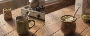 Side-by-side comparison of mate cocido and mate con leche served in mugs with a bombilla