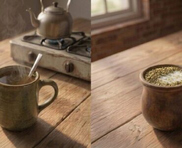 Side-by-side comparison of mate cocido and mate con leche served in mugs with a bombilla