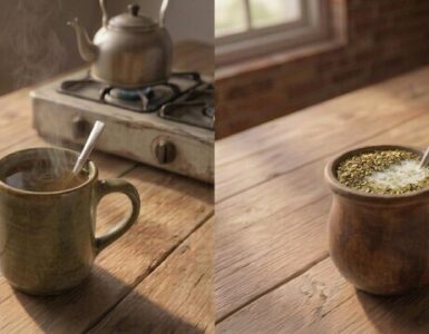 Side-by-side comparison of mate cocido and mate con leche served in mugs with a bombilla