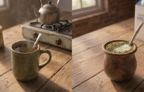 Side-by-side comparison of mate cocido and mate con leche served in mugs with a bombilla
