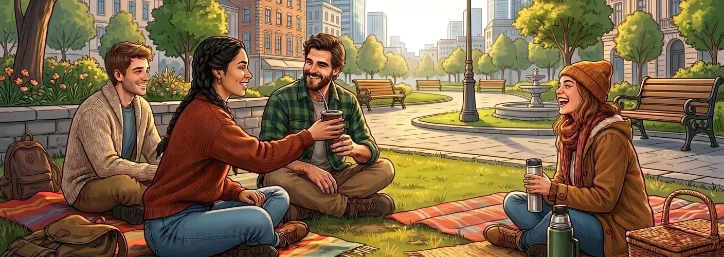 Illustration of four friends sitting in a park sharing mate, passing the gourd to one another