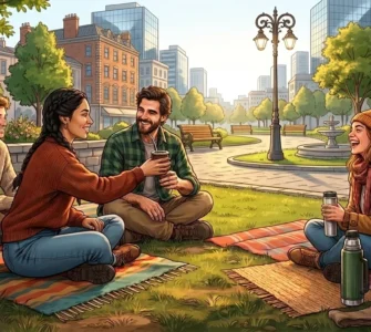 Illustration of four friends sitting in a park sharing mate, passing the gourd to one another