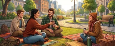 Illustration of four friends sitting in a park sharing mate, passing the gourd to one another