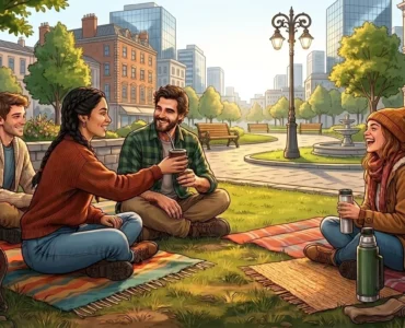 Illustration of four friends sitting in a park sharing mate, passing the gourd to one another