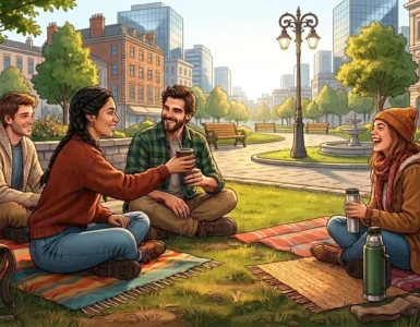 Illustration of four friends sitting in a park sharing mate, passing the gourd to one another