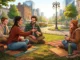 Illustration of four friends sitting in a park sharing mate, passing the gourd to one another