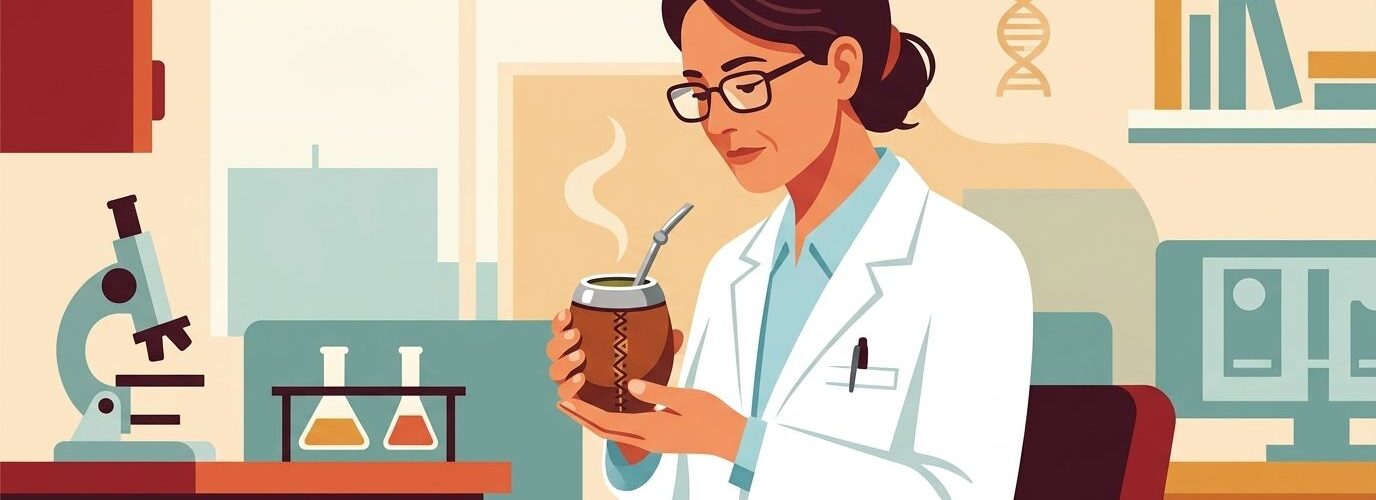 Illustration of a scientist in a lab coat examining a mate gourd thoughtfully