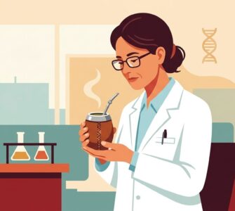 Illustration of a scientist in a lab coat examining a mate gourd thoughtfully