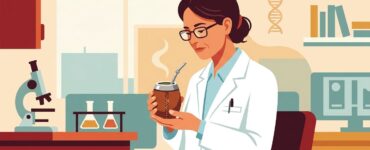 Illustration of a scientist in a lab coat examining a mate gourd thoughtfully