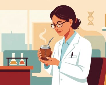 Illustration of a scientist in a lab coat examining a mate gourd thoughtfully