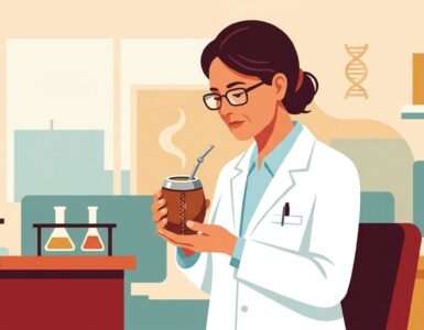 Illustration of a scientist in a lab coat examining a mate gourd thoughtfully