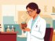 Illustration of a scientist in a lab coat examining a mate gourd thoughtfully